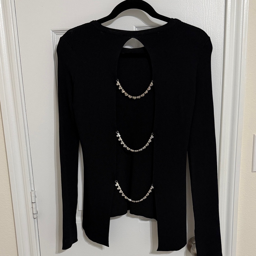 Zara Black Long Sleeve Knit Top with Three Rhinestone Chain Accents